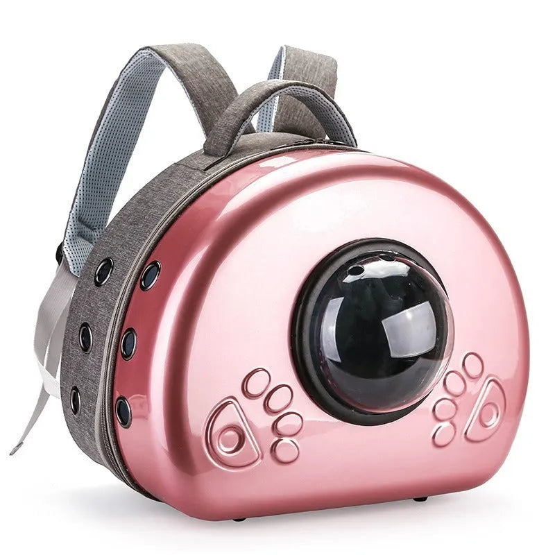 Transparent space capsule style cat carrier bag in PC canvas with Rose Gold front cover.