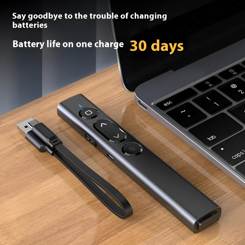 A whiteboard remote control pen in black, showing buttons for presentation control and a pen tip.