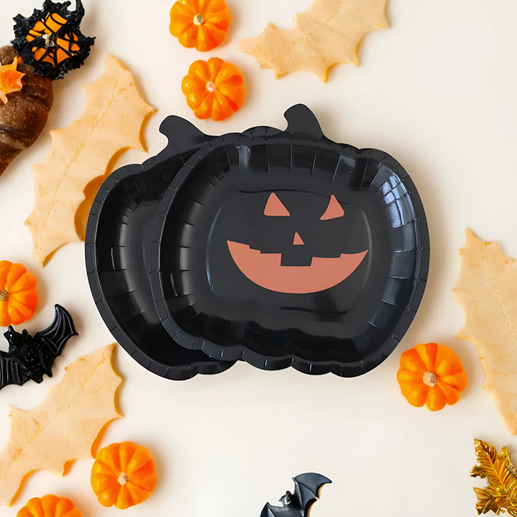 Black pumpkin design disposable paper plates for Halloween parties, 9-inch diameter