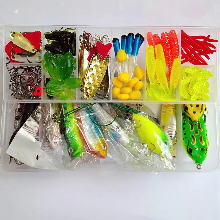 142-piece fishing lure set showing hard mino lures, sequins, hooks and fishing pliers in assorted colours