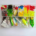 142-piece fishing lure set showing hard mino lures, sequins, hooks and fishing pliers in assorted colours
