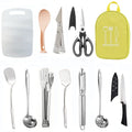 Portable khaki fabric bag containing a 12-piece stainless steel picnic cutlery set with knives, forks, spoons, and chopsticks.