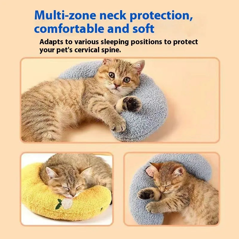 U-shaped neck protection pillow for cats in moon and question mark styles with blue, white and yellow colour options