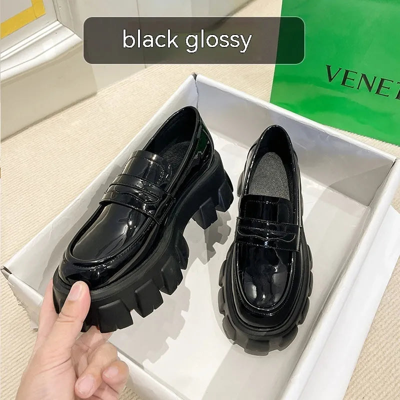 British style wide fit loafers with muffin heel in patent leather