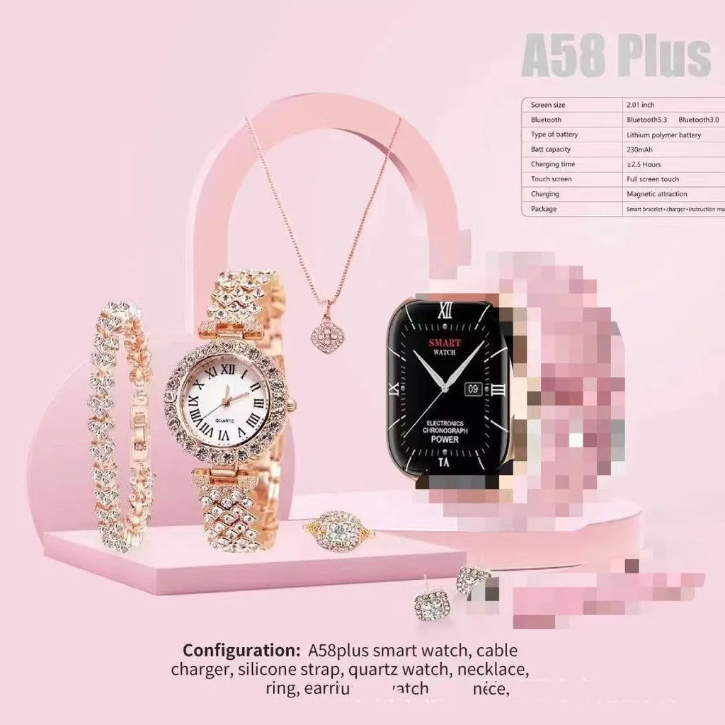 A58Plus Smart Watch Suit on wrist showing touch screen, available in black, gold, silver, grey, and beige colours.