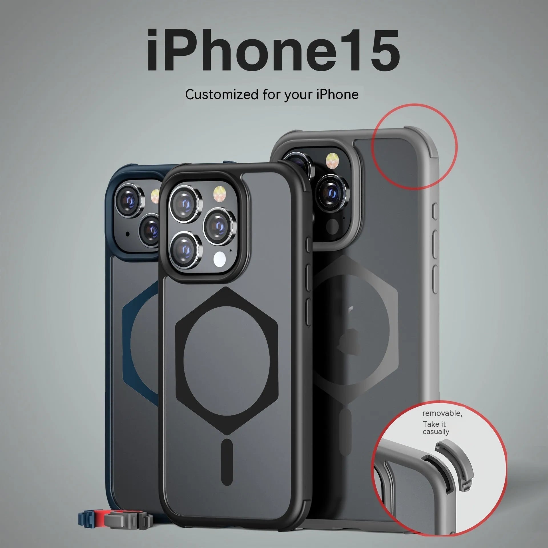 Matte frosted silicone magnetic phone case for Apple iPhone 15 in black with magnetic ring