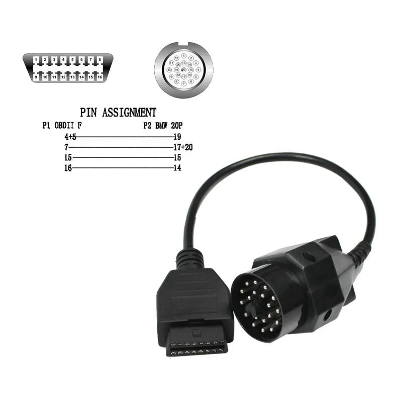 BMW OBD2 diagnostic adapter cable converting 20-pin to 16-pin connector for vehicle scan tools