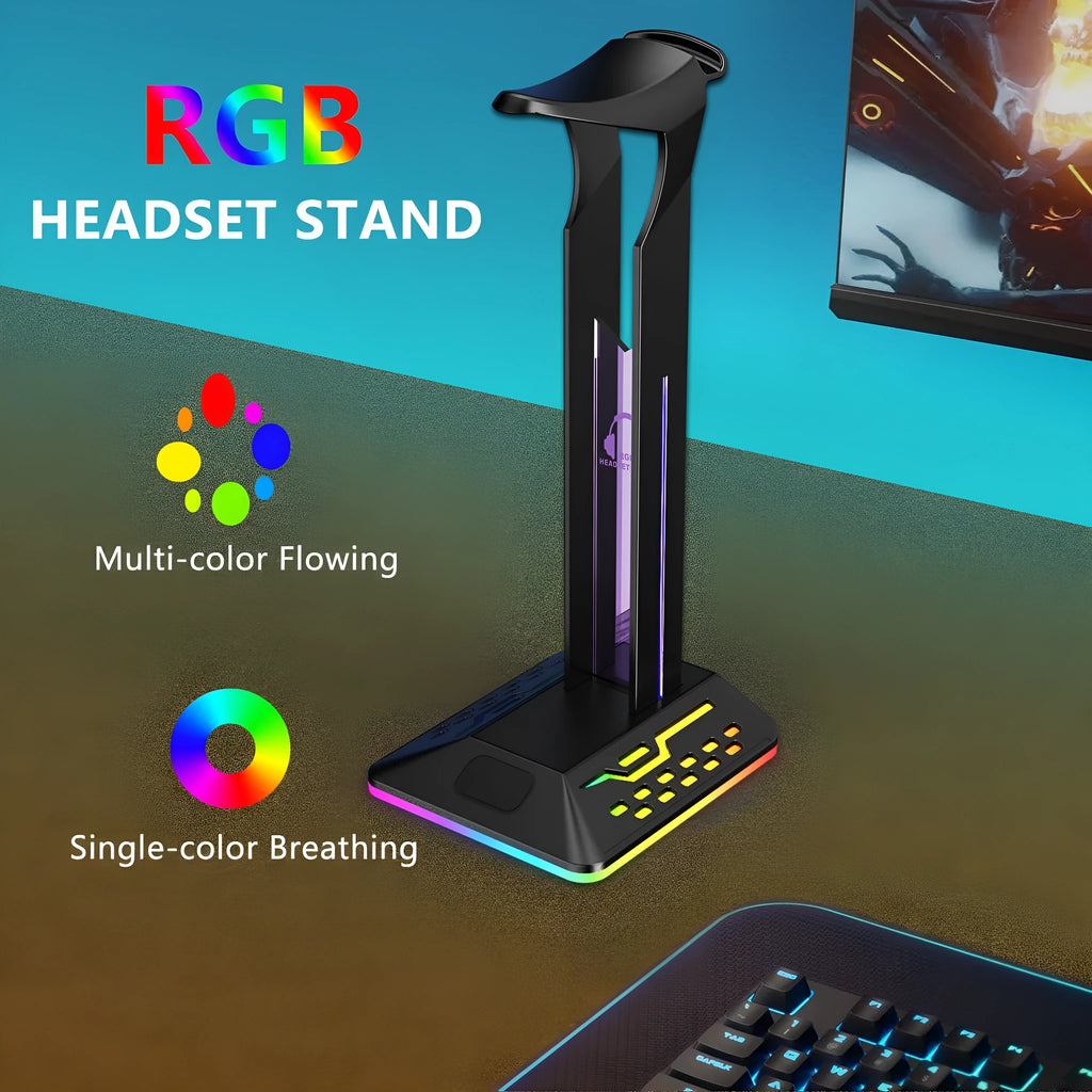 RGB headphone display stand with dual USB ports in black acrylic on a desk