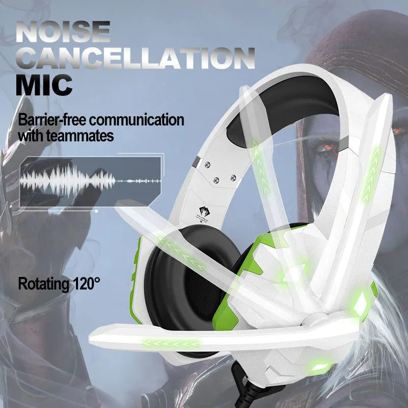 Wired gaming headset with microphone and LED lights in blue, pink, red, or white colours