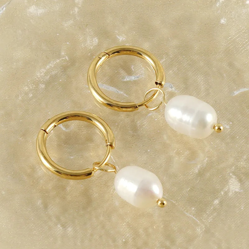 Gold geometric stainless steel earrings with pearl decorative elements for women