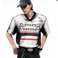 Women's short sleeve V-neck polyester shirt with snake letter print and padded shoulders.