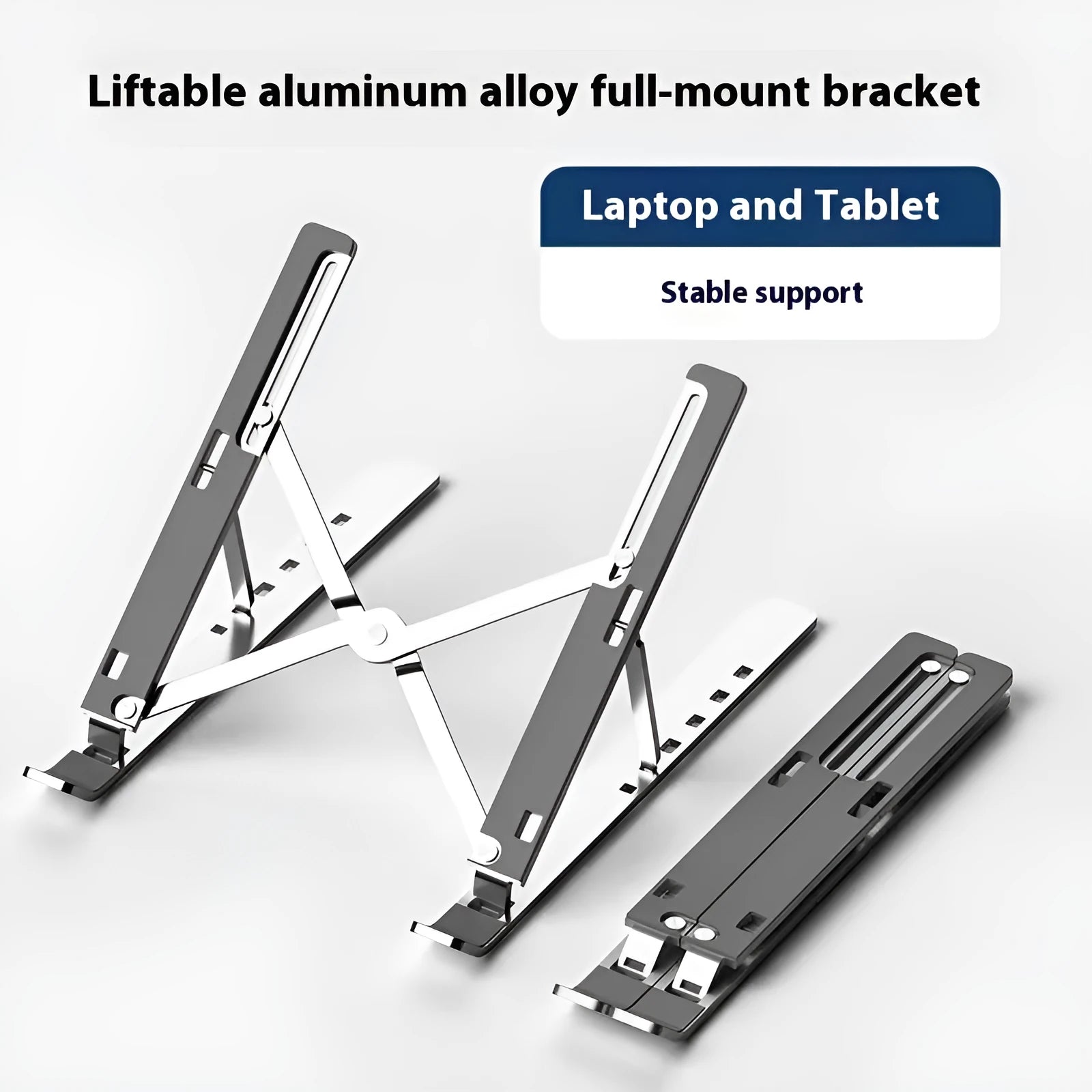 Silver aluminium alloy folding laptop stand holding a notebook on a desk