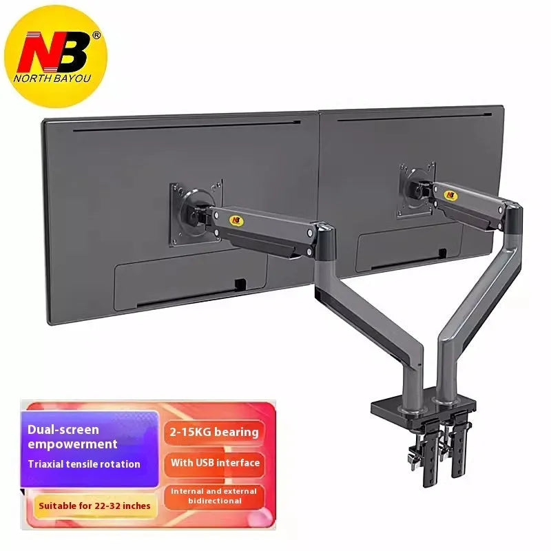 Dual monitor desk mount bracket in aluminium alloy with mechanical adjustment arms