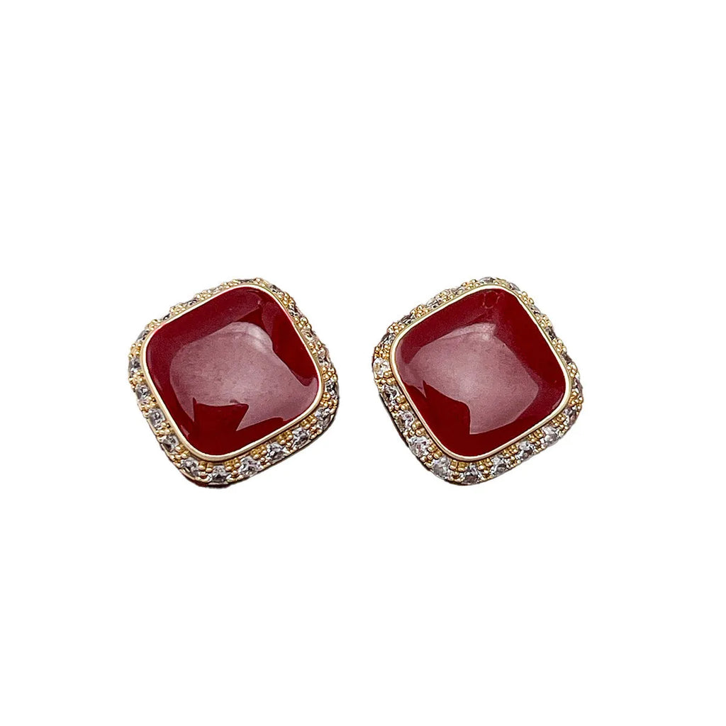 Geometric square alloy earrings with retro red colour for women