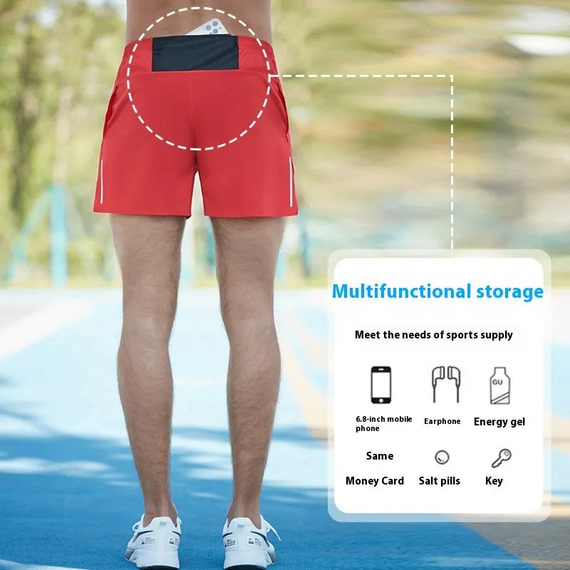 Men's black off-road running shorts with high-waist design and loose fit for marathon sports