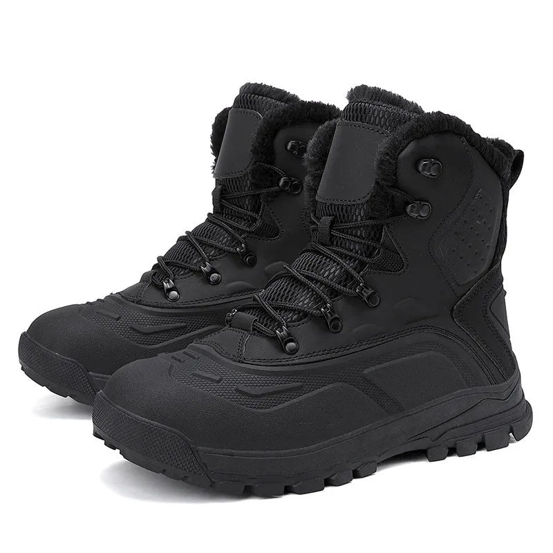 Men's black fleece-lined high-top boots with lace-up front and ribbed TPR sole