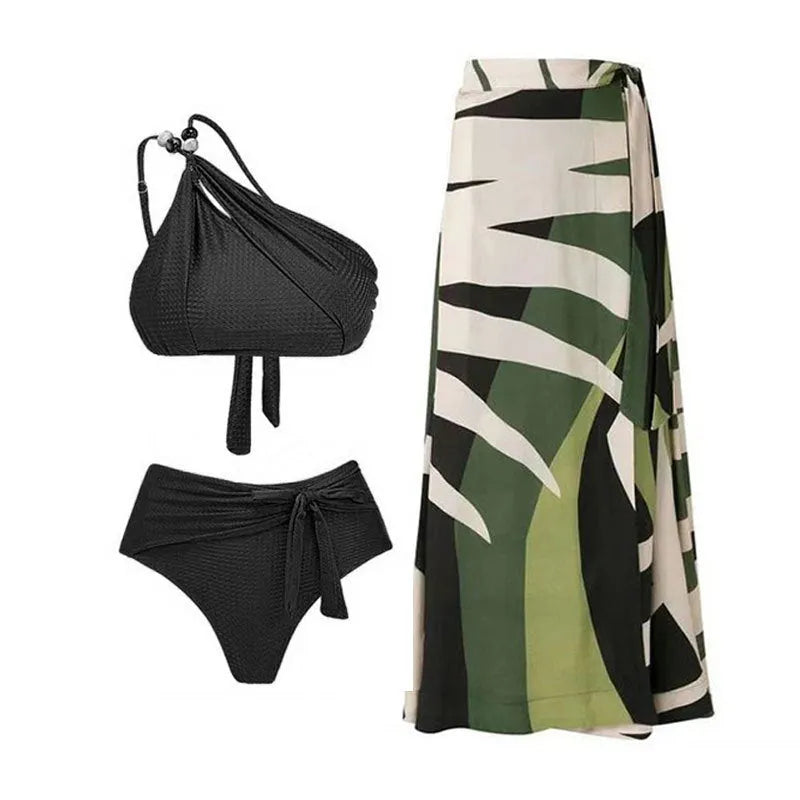 Women's push up high waist bikini swimsuit with chiffon dress cover-up in three colour options