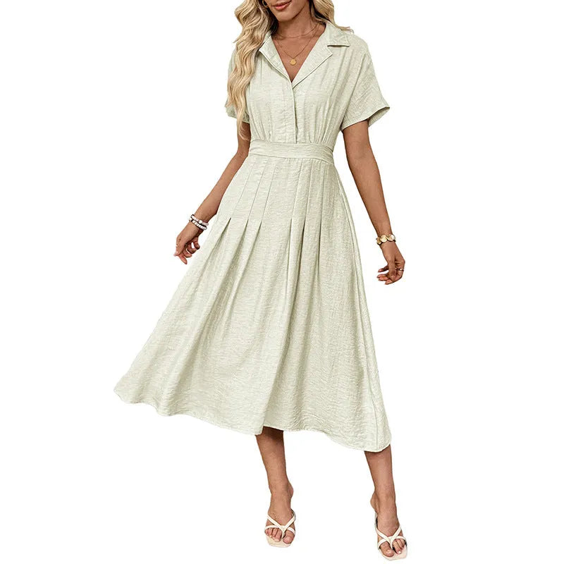 Light green lapel collar shirt dress with waist-tight skirt and commuter pockets