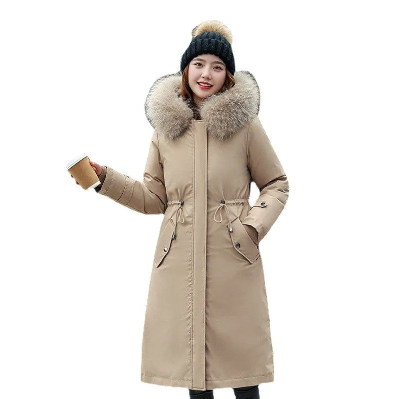 Women's long cotton-padded fleece trench coat in bean green colour with two-way zip and extended 100cm length