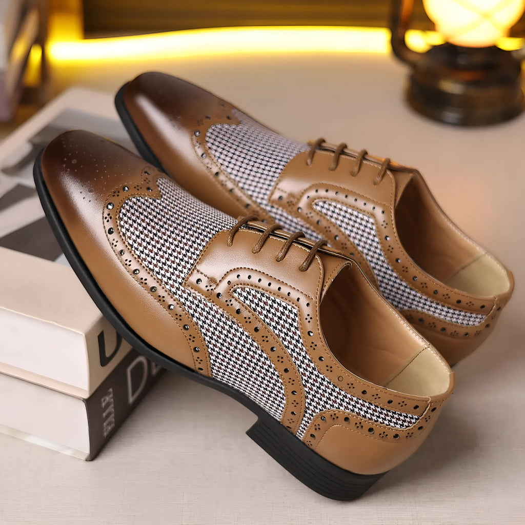 Men's black houndstooth plaid casual canvas shoes with lace-up front and rubber sole.