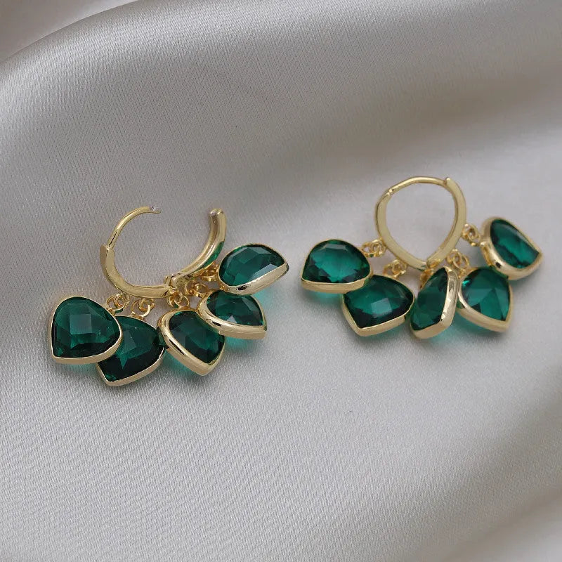 Green heart pendant ear clip earrings with Korean style design and alloy inlay artificial gemstone details