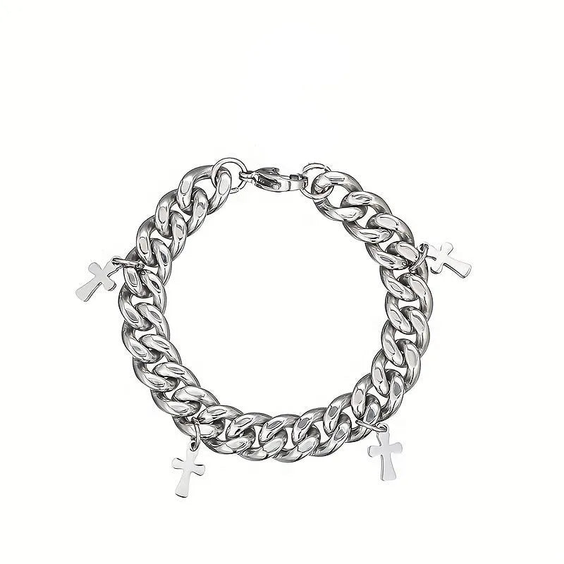 Men's titanium steel bracelet with geometric cross design on wrist