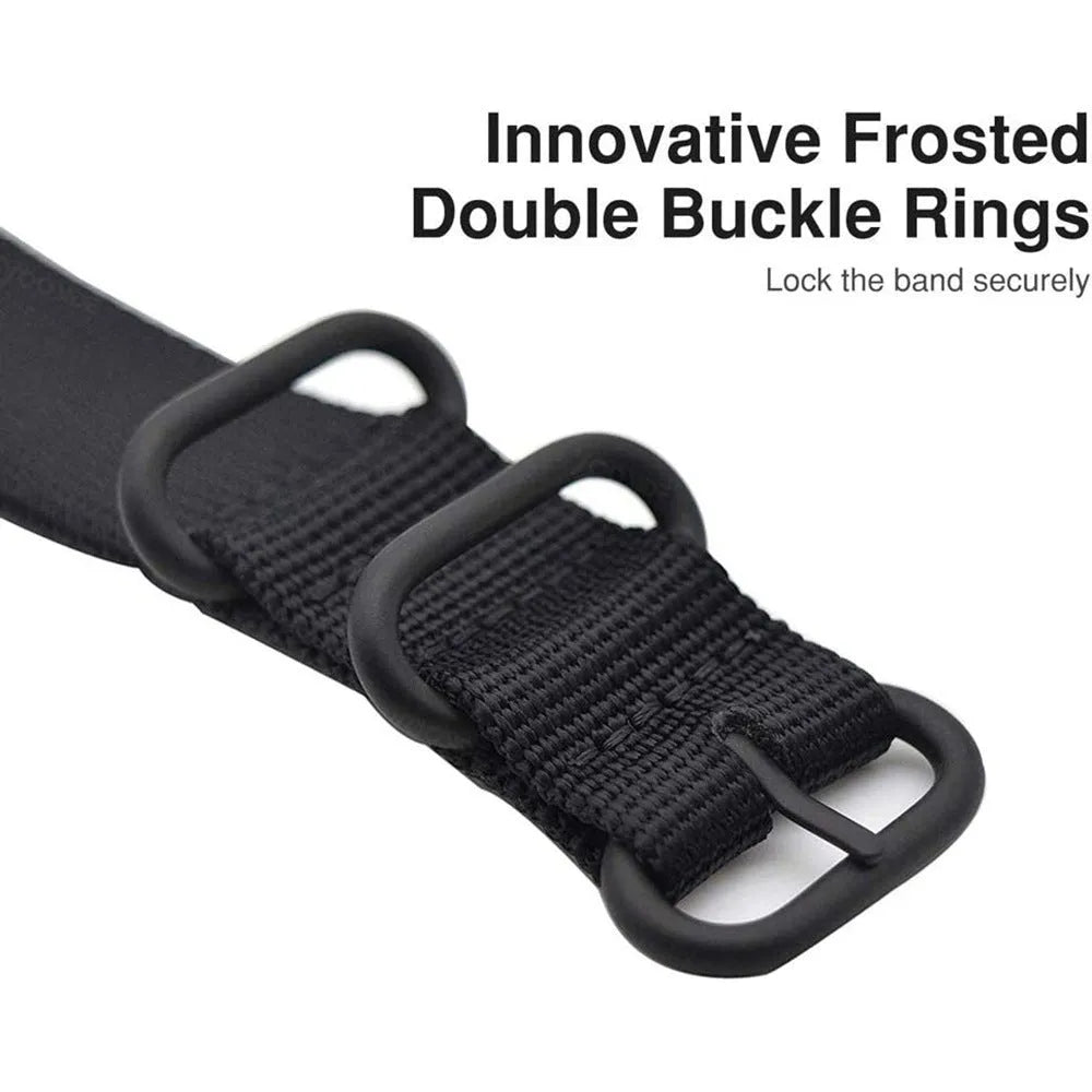 Nylon three-ring buckle replacement strap for Fitbit Charge 2, 3, 4, 5 fitness trackers in multiple colours.