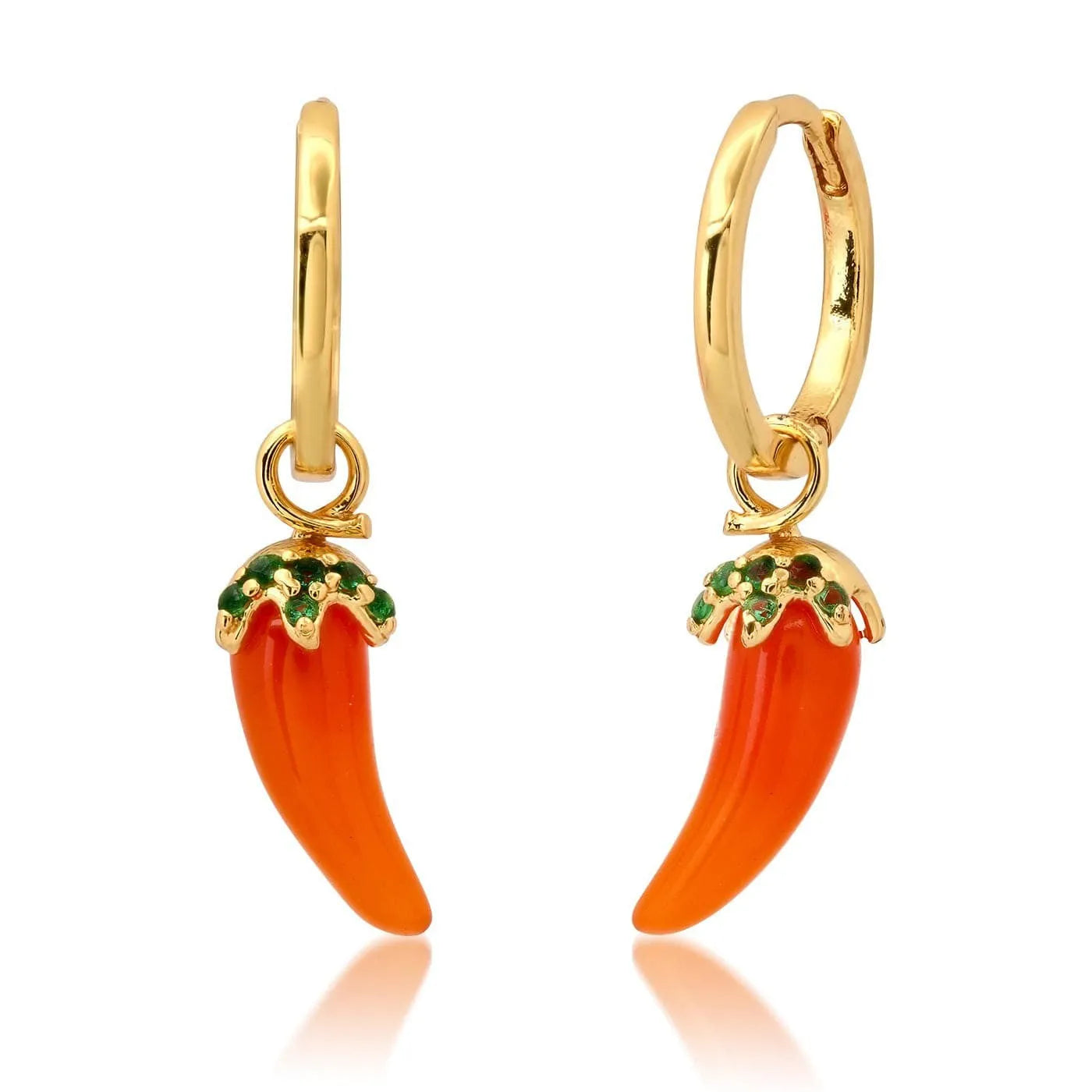 Gold plated copper earrings with fruit and vegetable designs including grape, cherry, lemon, carrot, peach, and orange elements