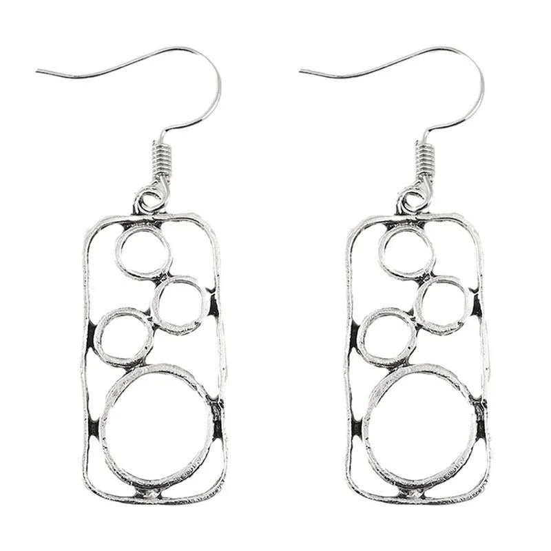 Geometric round ring earrings with irregular square design in antique silver zinc alloy