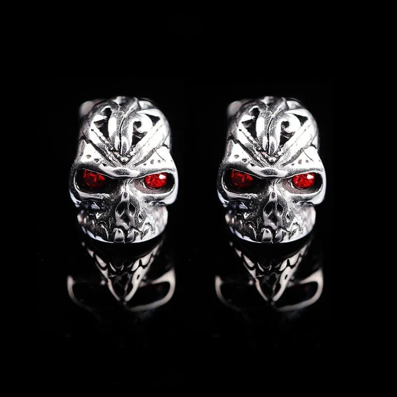 Retro style skull stud earrings with red eye ghost head design on alloy backing