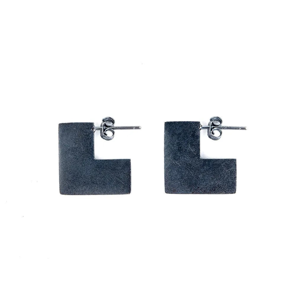 Oxidised black geometric square sterling silver earrings minimalist cold wind style