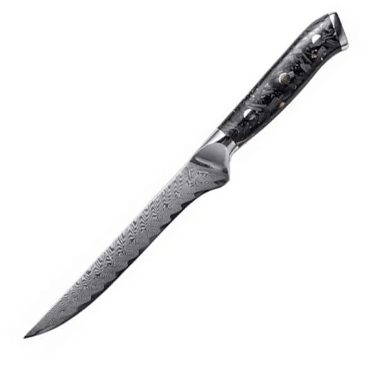 Damascus steel kitchen knife set with eight blades including Japanese and boning knives on a wooden surface