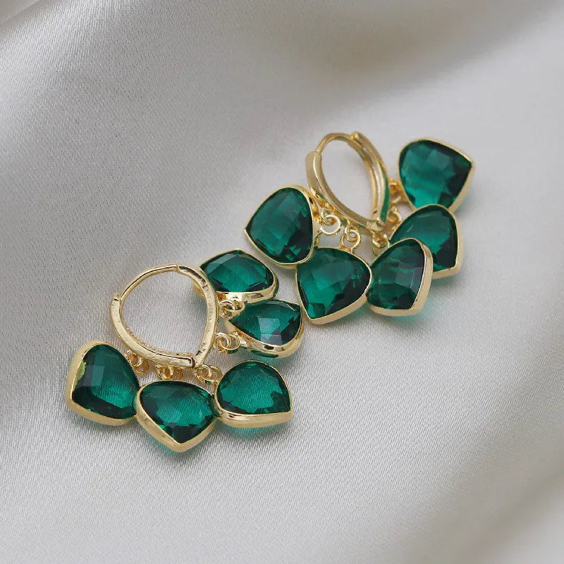 Green heart pendant ear clip earrings with Korean style design and alloy inlay artificial gemstone details