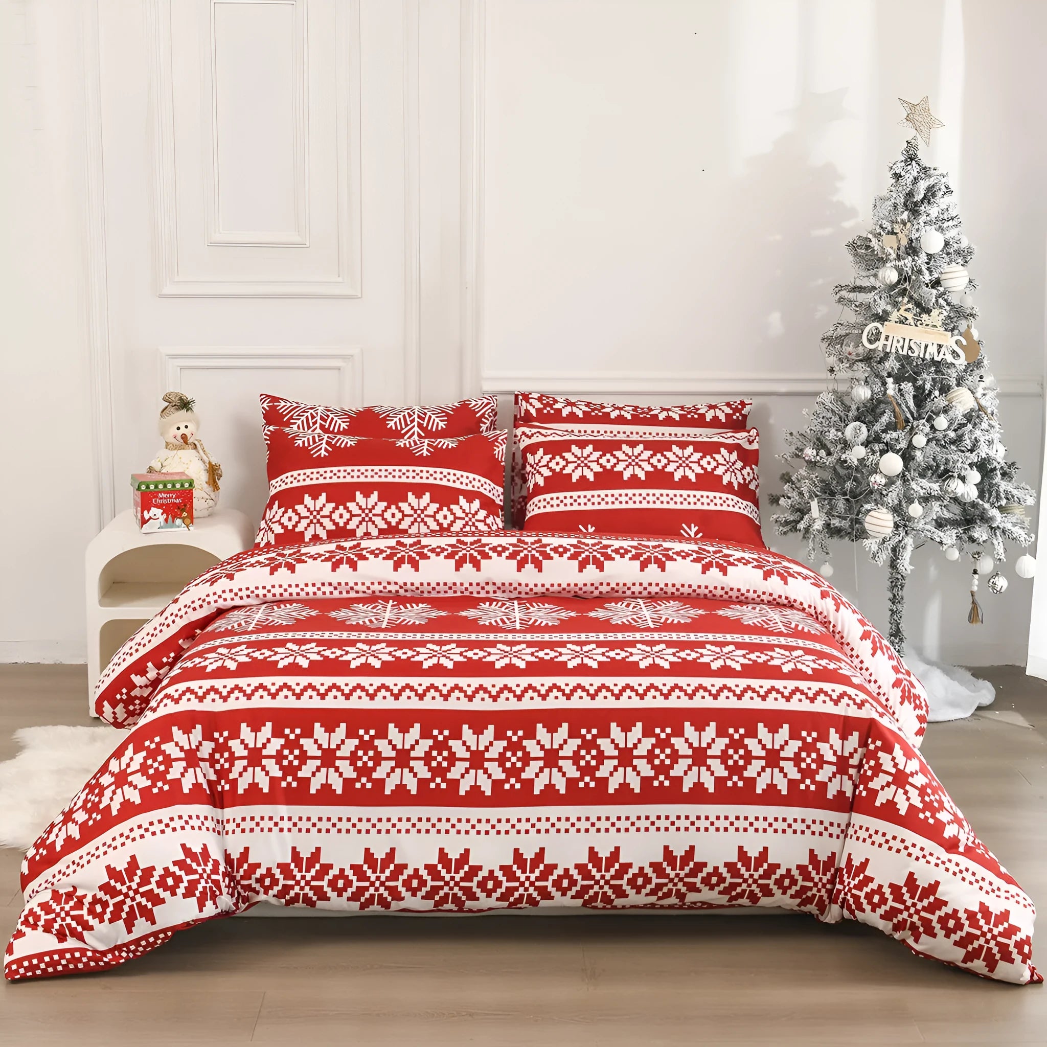 Winter Sleepers red Christmas pattern bed three-piece set with duvet cover and pillowcases