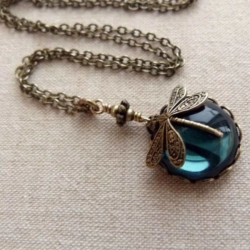 Vintage bronze dragonfly pendant necklace on chain, 925 silver with yellow gold tone finish