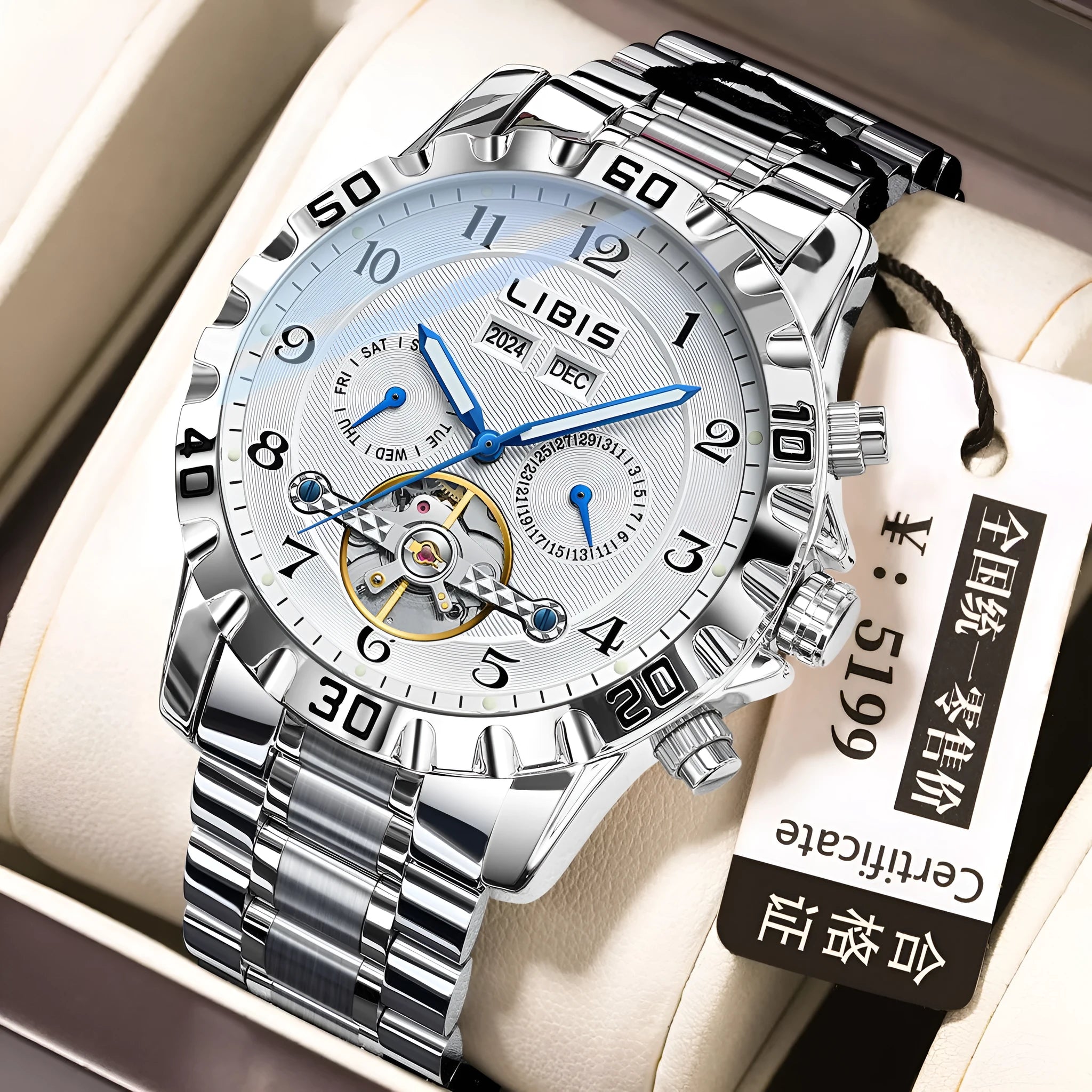 Silver steel automatic perpetual calendar men's watch with sapphire crystal glass