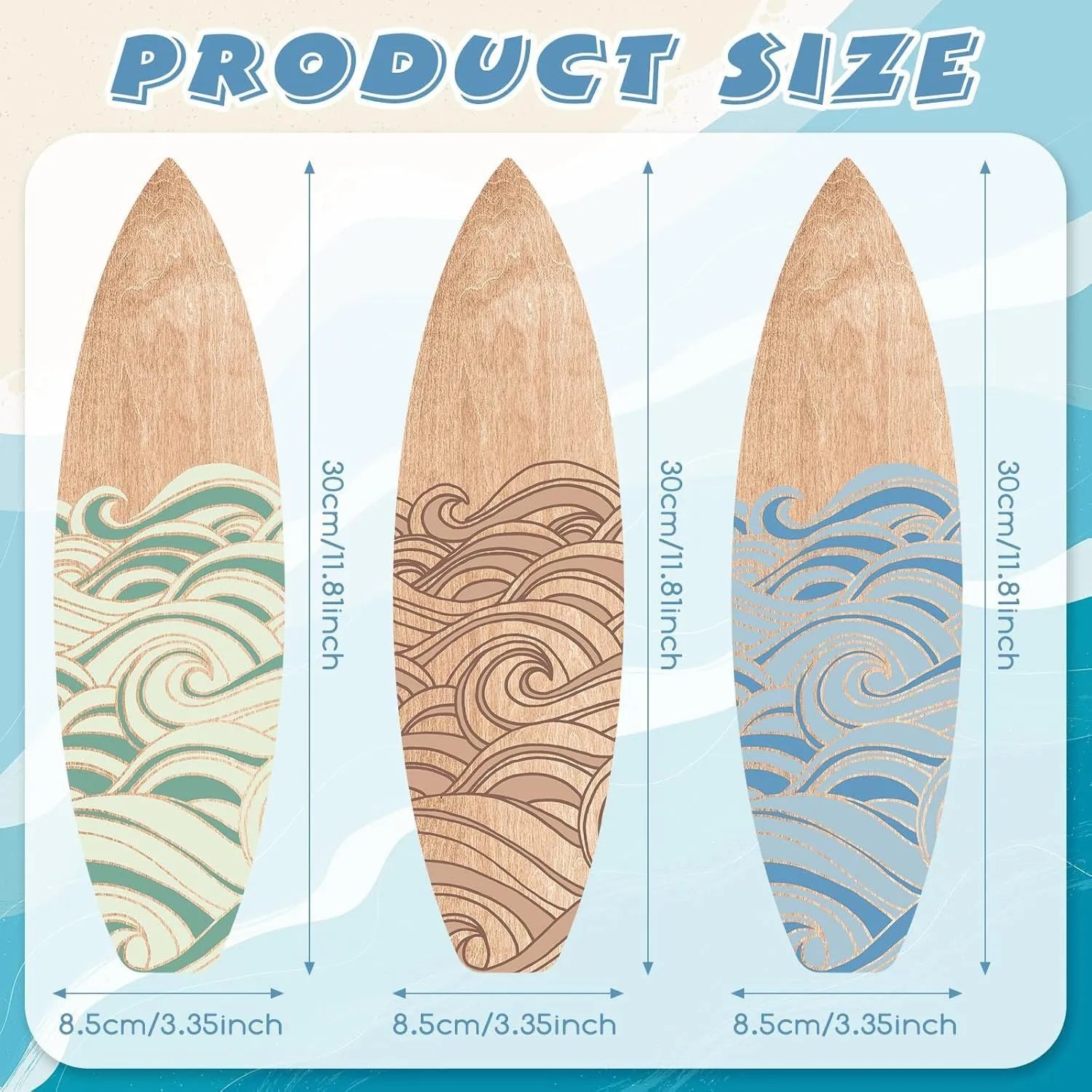 Three identical wooden surfboard wall decorations made from boxwood with European style design