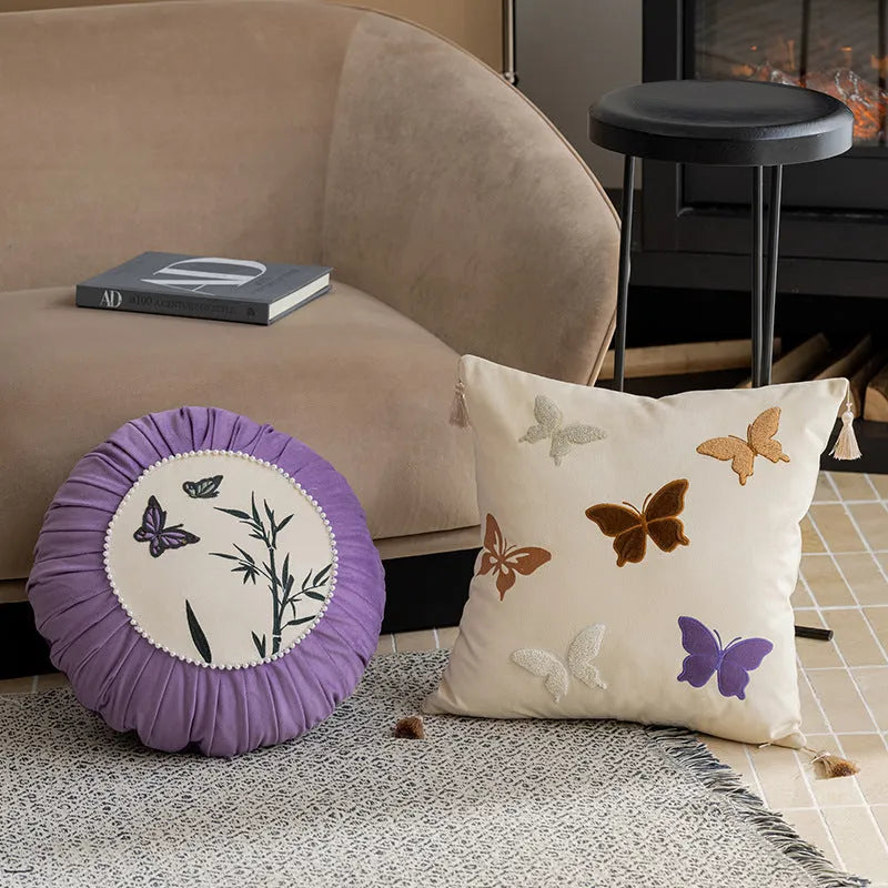 Butterfly embroidery cushion Chinese-style floral pattern 45x45 cm beige black purple