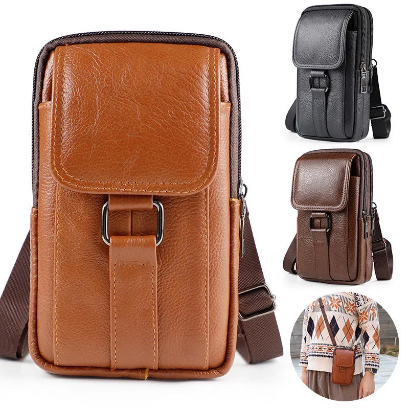 Men's black genuine leather crossbody waist bag with a square shape and lock detail.