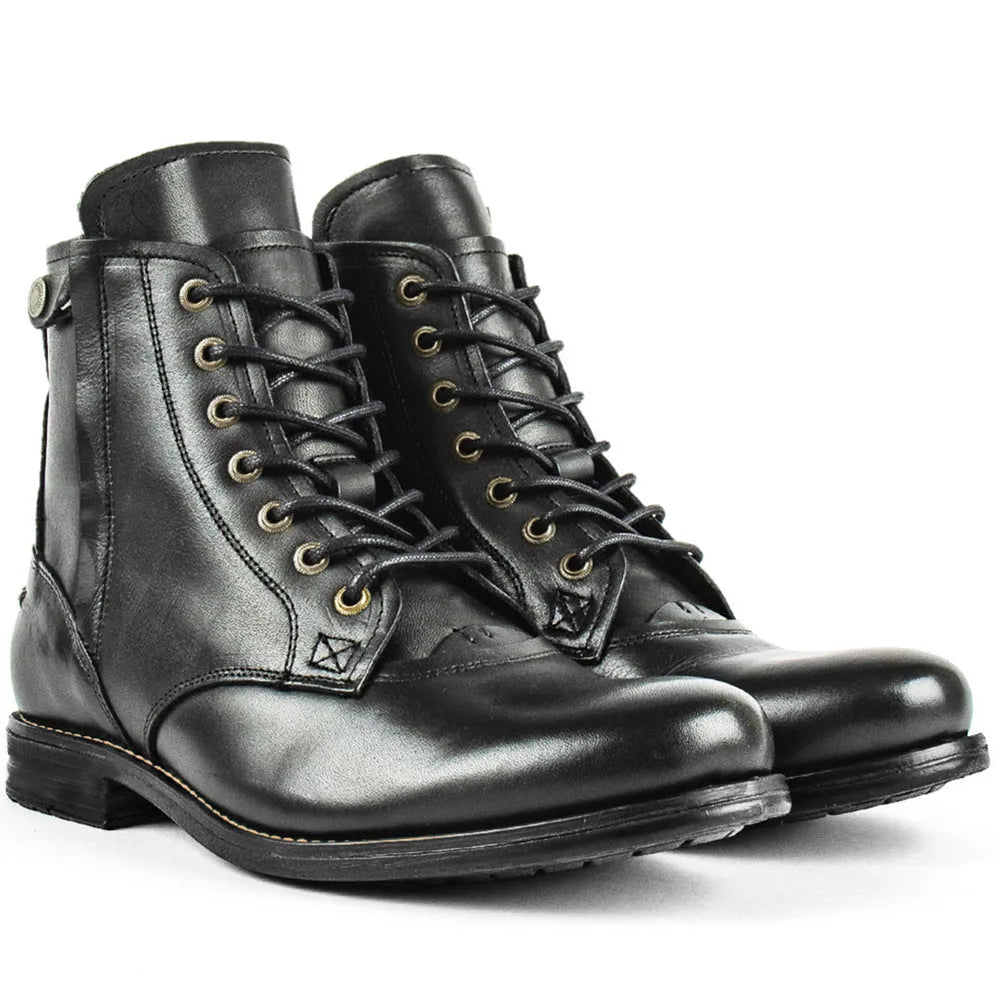 Knight Series black and brown two-tone leather boots with a side zipper and low heel.