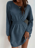 Blue women's knitted dress with hand-crocheted flowers and fitted waist design