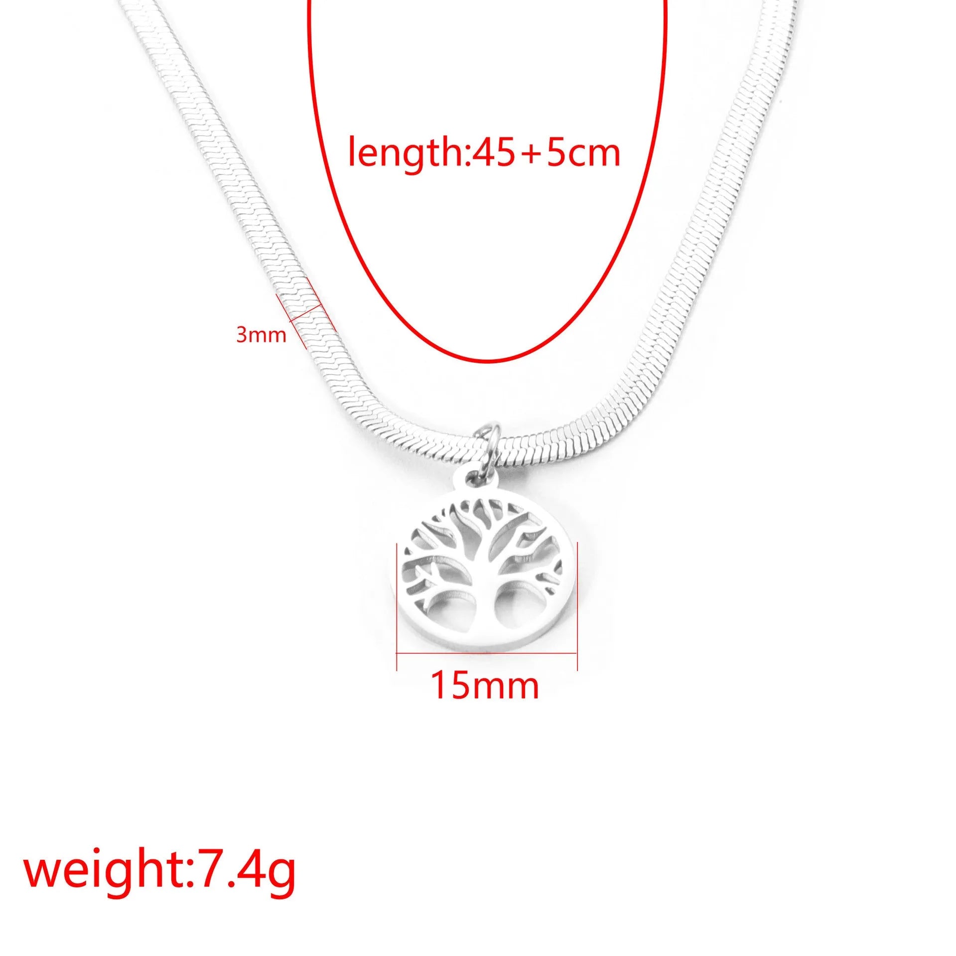 Stainless steel necklace with a U-shaped tree pendant on a snake bones chain.