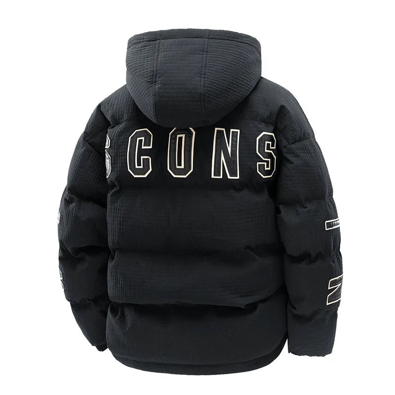 Men's black padded winter coat with hood, letter print design, side pockets, and cardigan style front