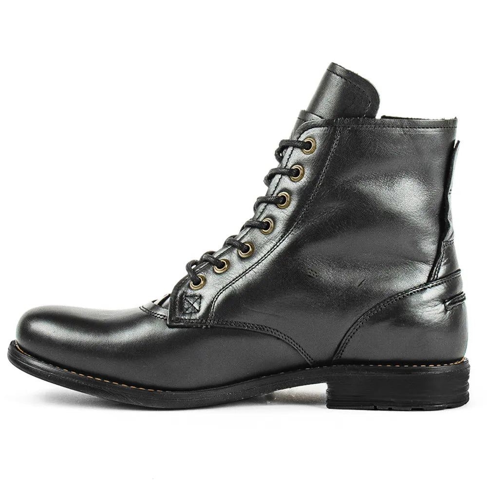 Knight Series black and brown two-tone leather boots with a side zipper and low heel.