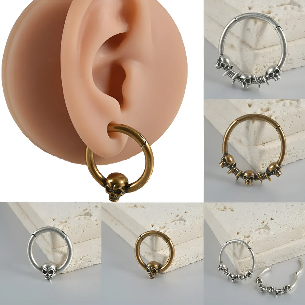 Copper punk earring with ghost head design in antique silver finish