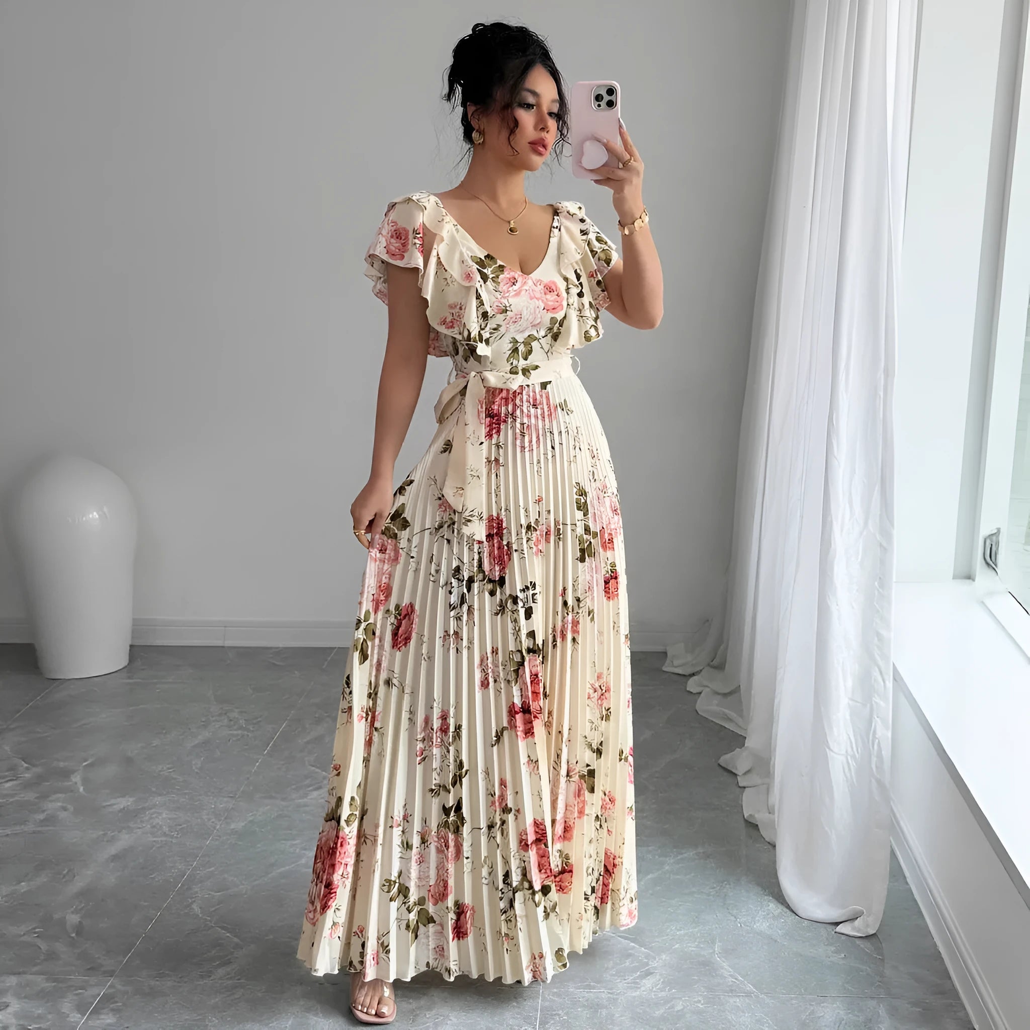 Apricot floral print V-neck dress with ruffled sleeves and oversized swing skirt on hanger