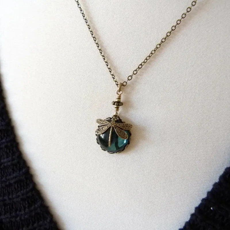 Vintage bronze dragonfly pendant necklace on chain, 925 silver with yellow gold tone finish