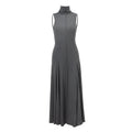 Grey slim-fit half turtleneck backless dress on a woman, showing sleeveless and high-waisted design.