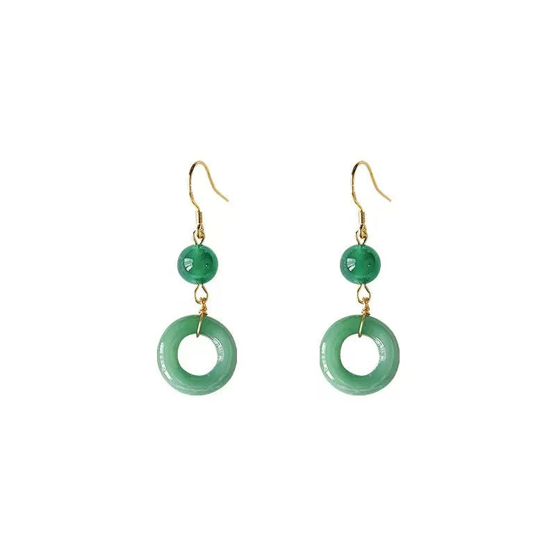 Geometric Chinese peace buckle earrings with green jade design on zinc alloy