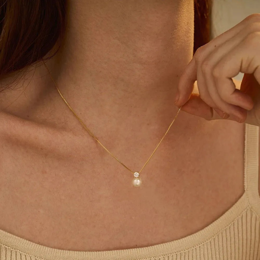 St Delan women's stainless steel necklace with imitation pearl and zircon pendant in gold or steel colour